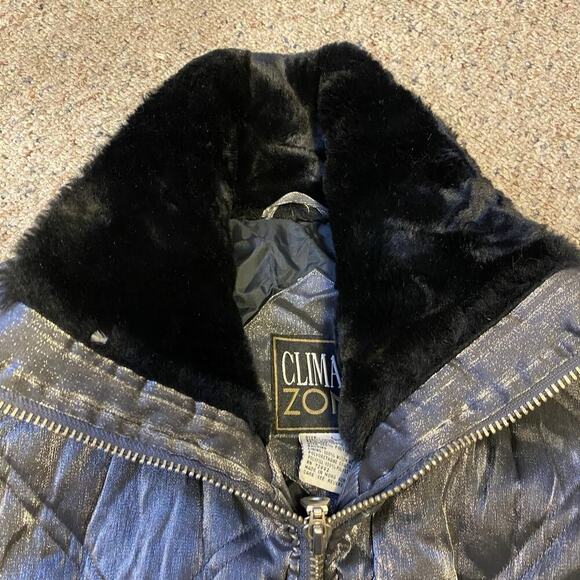 Vintage Climate Zone Women L Puffer Coat Jacket Metallic Silver Faux Fur Fullzip - Picture 8 of 11